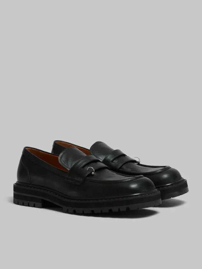 Men Marni Lace Up and Loafers Black Leather Piercing 20 Chunky Loafer