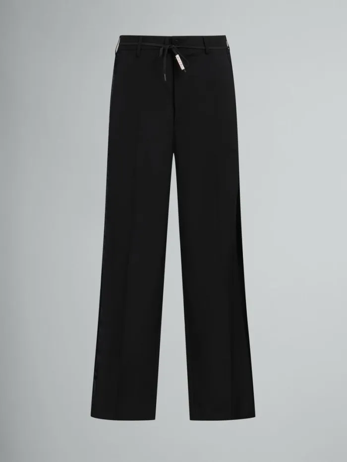 Men Marni Pants Black Tropical Wool Trousers With Satin Stripes