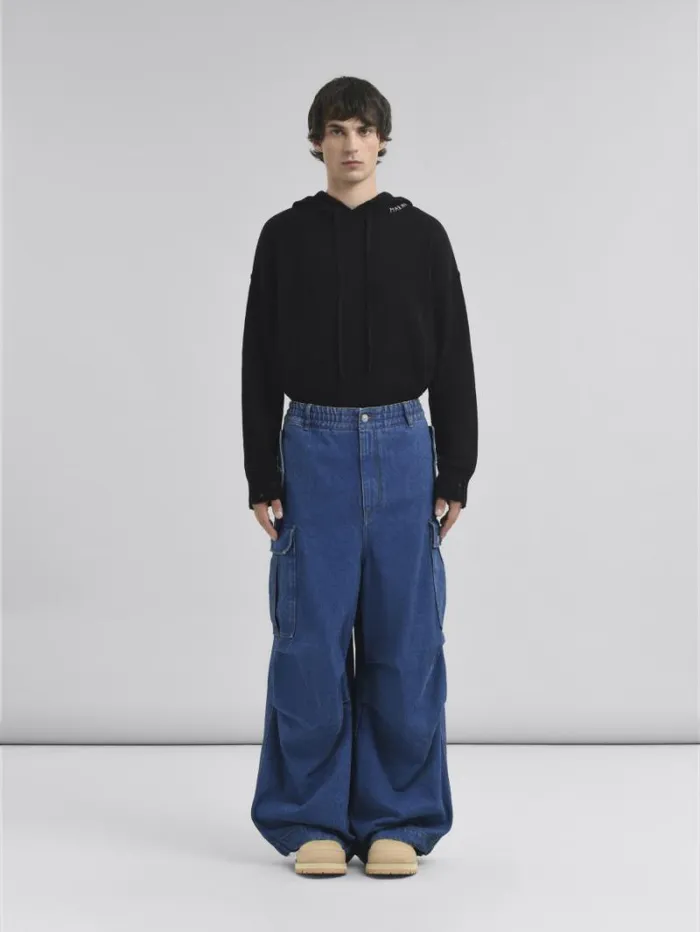 Men Marni Pants Dark Blue Denim Cargo Pants With Marni Logo Patch