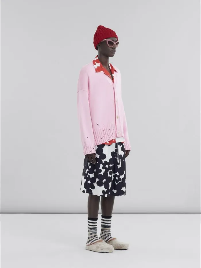 Men Marni Pants Silk Bermuda Shorts With Black And White Dillies Print