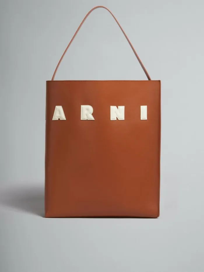 Men Marni Tote Bags Brown And White Leather Museo Hobo Bag With Patches