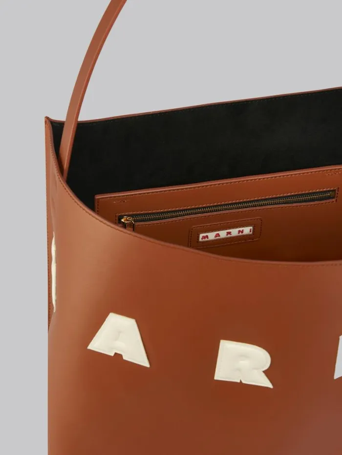 Men Marni Tote Bags Brown And White Leather Museo Hobo Bag With Patches