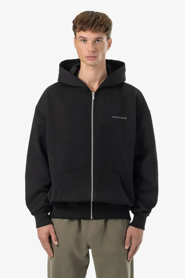 Men Pegador Hoodies Logo Oversized Sweat Jacket Washed Black Dark Grey Gum