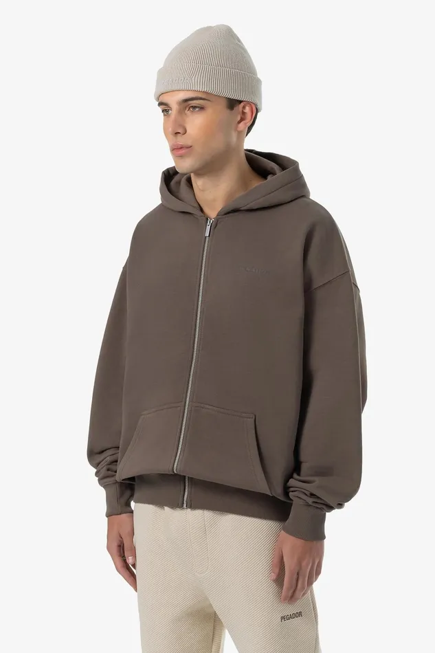 Men Pegador Zip Hoodies Colne Logo Oversized Sweat Jacket Washed Dust Brown Men Pegador Zip Hoodies Colne Logo Oversized Sweat Jacket Washed Dust Brown