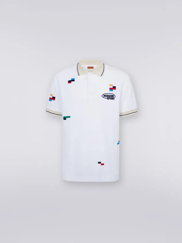Men ShortSleeved Polo Shirt In Cotton Piqu With Embroidered Pixels White and Multicoloured Heritage Missoni Sport