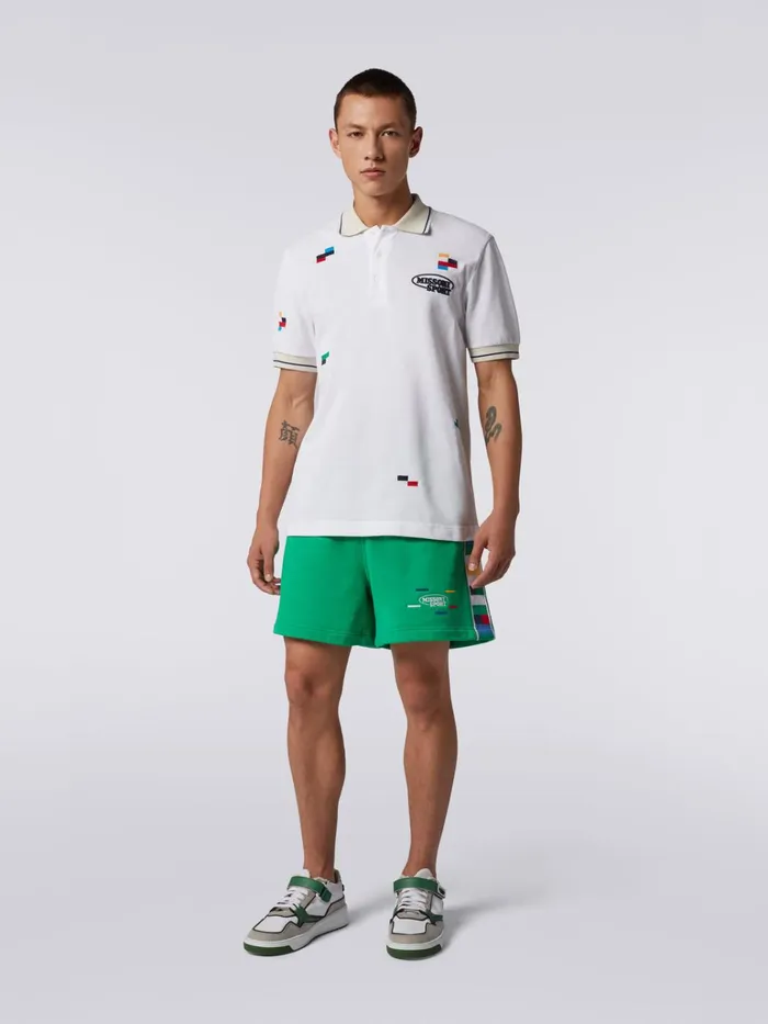 Men ShortSleeved Polo Shirt In Cotton Piqu With Embroidered Pixels White and Multicoloured Heritage Missoni Sport