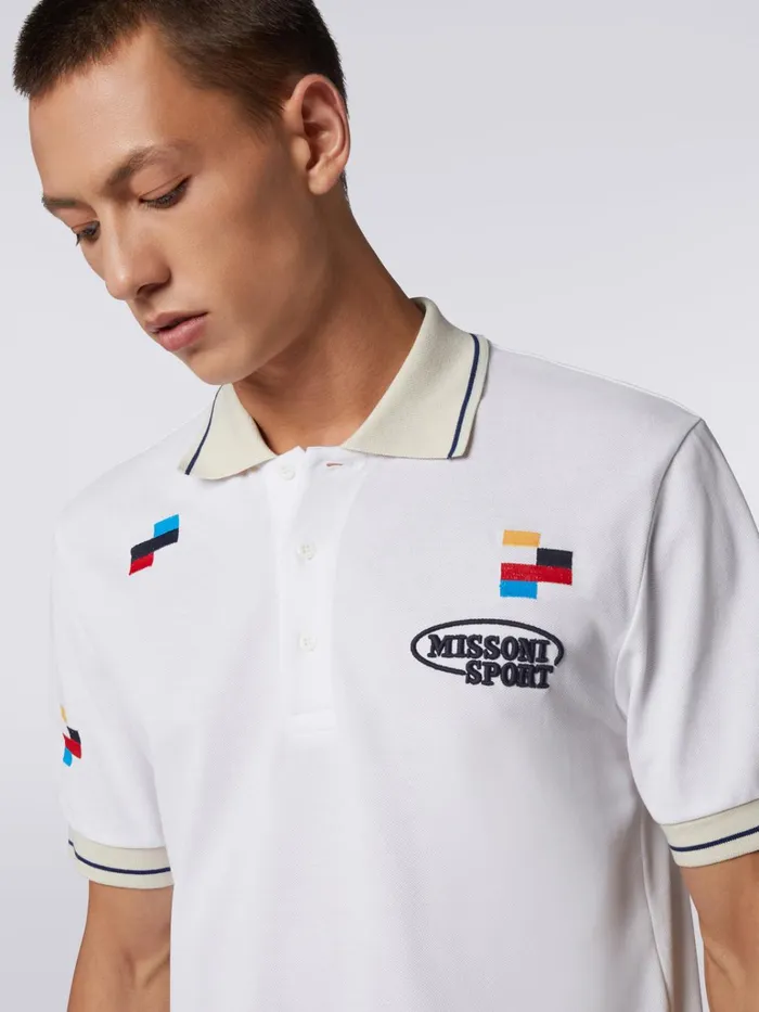 Men ShortSleeved Polo Shirt In Cotton Piqu With Embroidered Pixels White and Multicoloured Heritage Missoni Sport