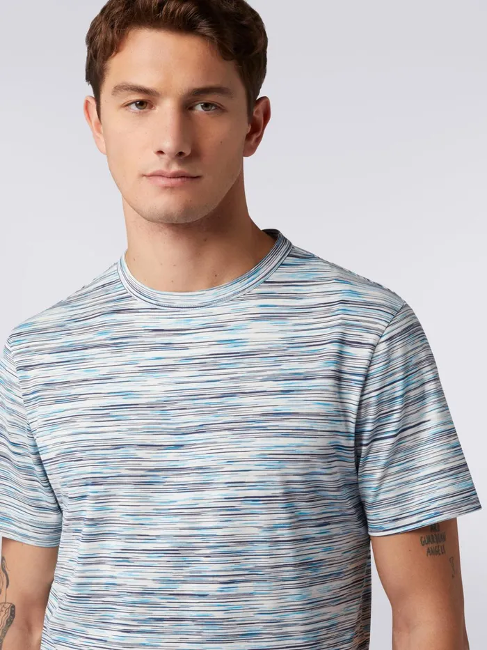 Men Slub Cotton CrewNeck TShirt White Black and Light Blue Missoni Polos and Tshirts
