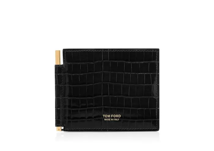 Men Small Leather Goods Tom Ford Glossy Printed Croc Money Clip Wallet Black
