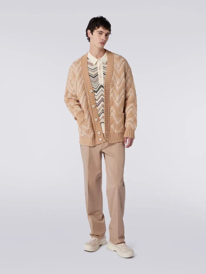 Men Wool Cardigan With TwoTone Zigzag Multicoloured Missoni Knitwear Men Wool Cardigan With TwoTone Zigzag Multicoloured Missoni Knitwear