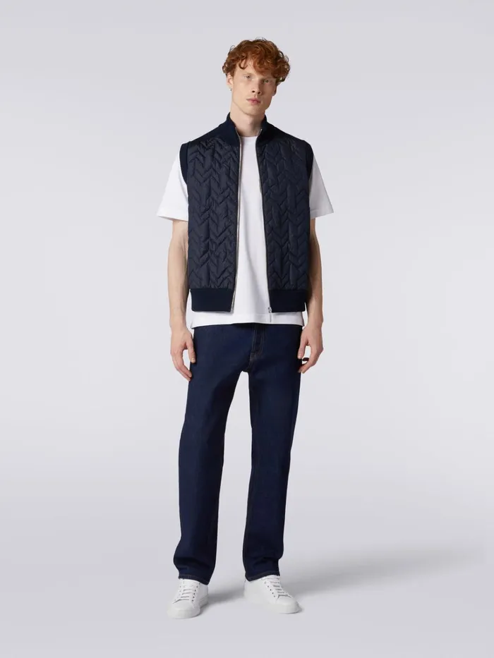 Men Zigzag Stitched Waistcoat With Knitted Back And Piping Navy Blue Missoni Coats and Jackets Men Zigzag Stitched Waistcoat With Knitted Back And Piping Navy Blue Missoni Coats and Jackets