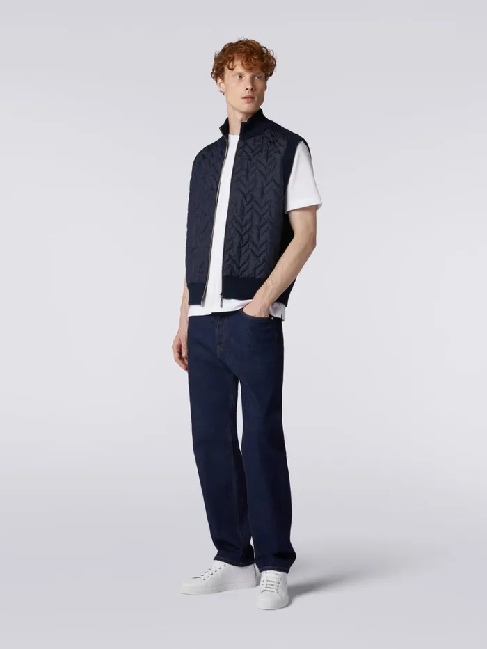 Men Zigzag Stitched Waistcoat With Knitted Back And Piping Navy Blue Missoni Coats and Jackets Men Zigzag Stitched Waistcoat With Knitted Back And Piping Navy Blue Missoni Coats and Jackets