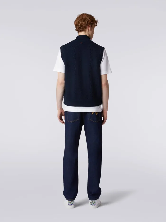 Men Zigzag Stitched Waistcoat With Knitted Back And Piping Navy Blue Missoni Coats and Jackets Men Zigzag Stitched Waistcoat With Knitted Back And Piping Navy Blue Missoni Coats and Jackets