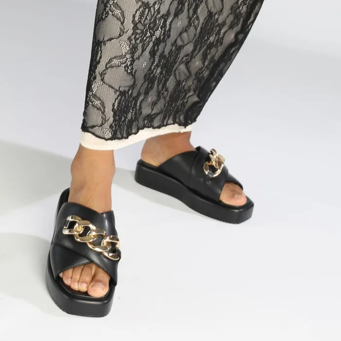 Mia Cross Chain Black Buffalo Sandals and Slides Mia Cross Chain Black Buffalo Sandals and Slides