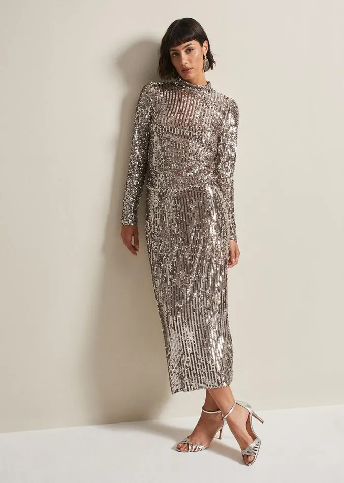 Milani Sequin Pencil Midi Skirt Silver Women Phase Eight Skirts