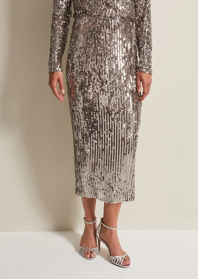 Milani Sequin Pencil Midi Skirt Silver Women Phase Eight Skirts