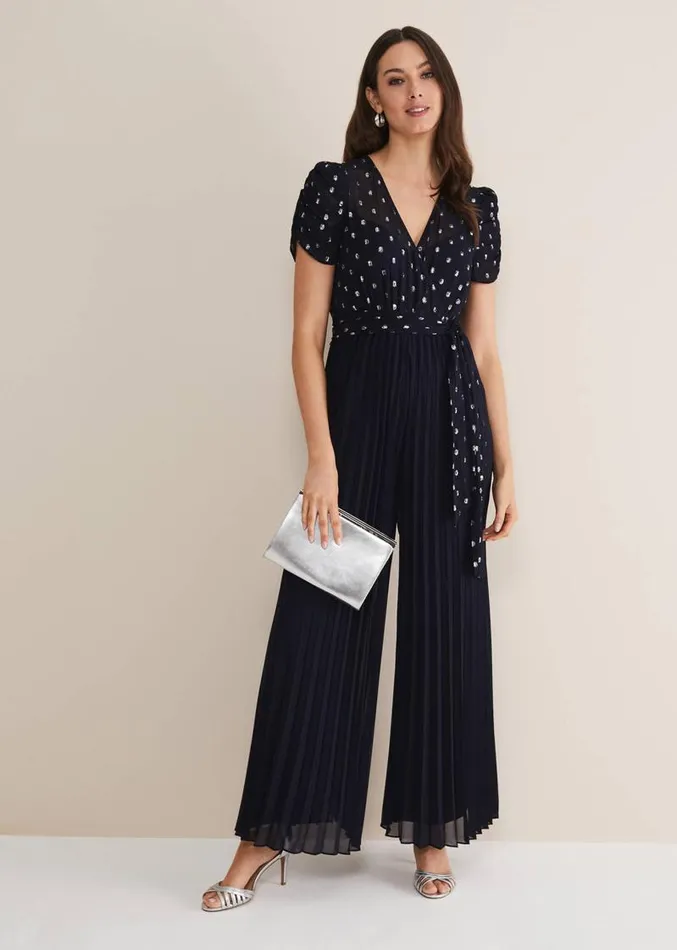 Molli Spot Pleated Jumpsuit Navy Women Phase Eight Dresses