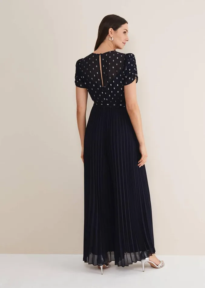 Molli Spot Pleated Jumpsuit Navy Women Phase Eight Dresses