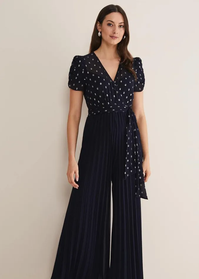 Molli Spot Pleated Jumpsuit Navy Women Phase Eight Dresses