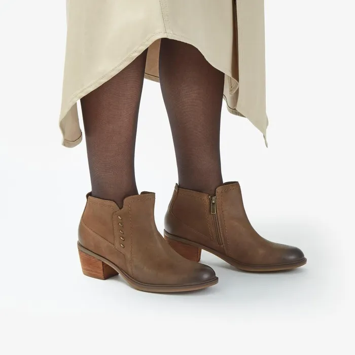 Neva Lo Dark Tan Leather Women Clarks Boots and Booties