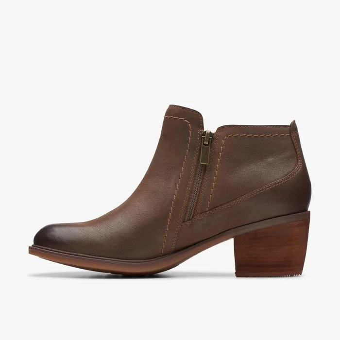 Neva Lo Dark Tan Leather Women Clarks Boots and Booties
