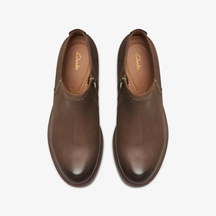 Neva Lo Dark Tan Leather Women Clarks Boots and Booties