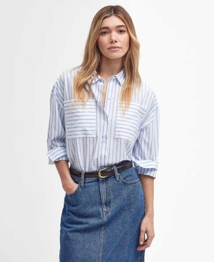 Nicola Striped Relaxed LongSleeved Shirt Whiteblue Stripe Women Barbour Shirts and Blouses
