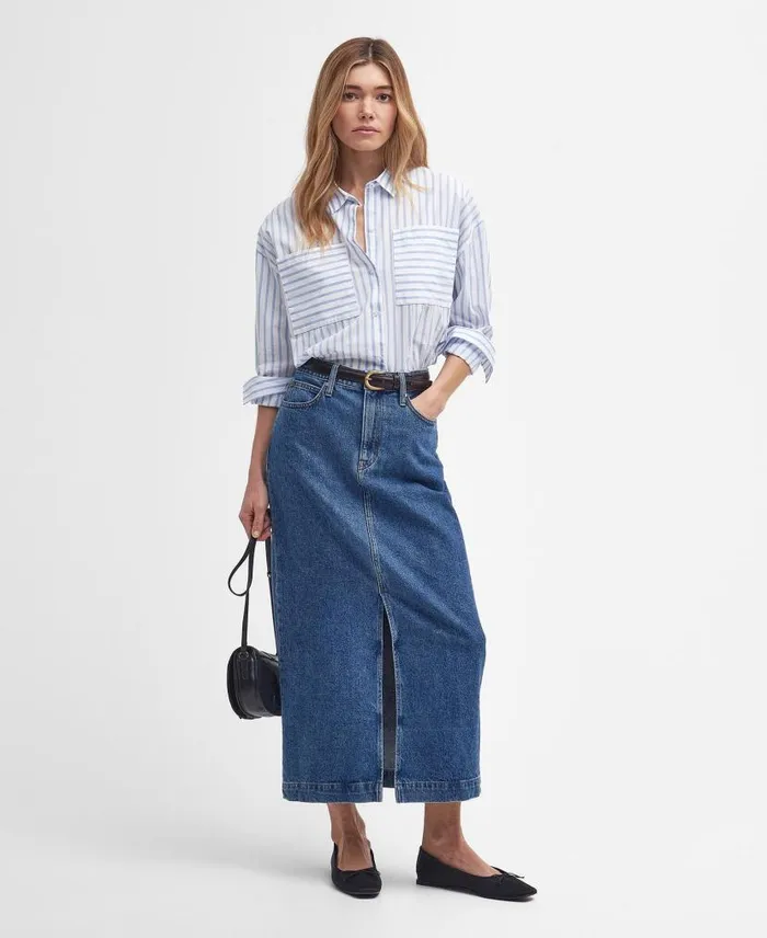 Nicola Striped Relaxed LongSleeved Shirt Whiteblue Stripe Women Barbour Shirts and Blouses
