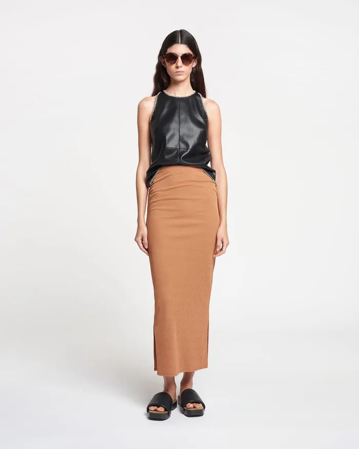 Norine Ruched MeshJersey Midi Skirt Caramel Women Nanushka Skirts
