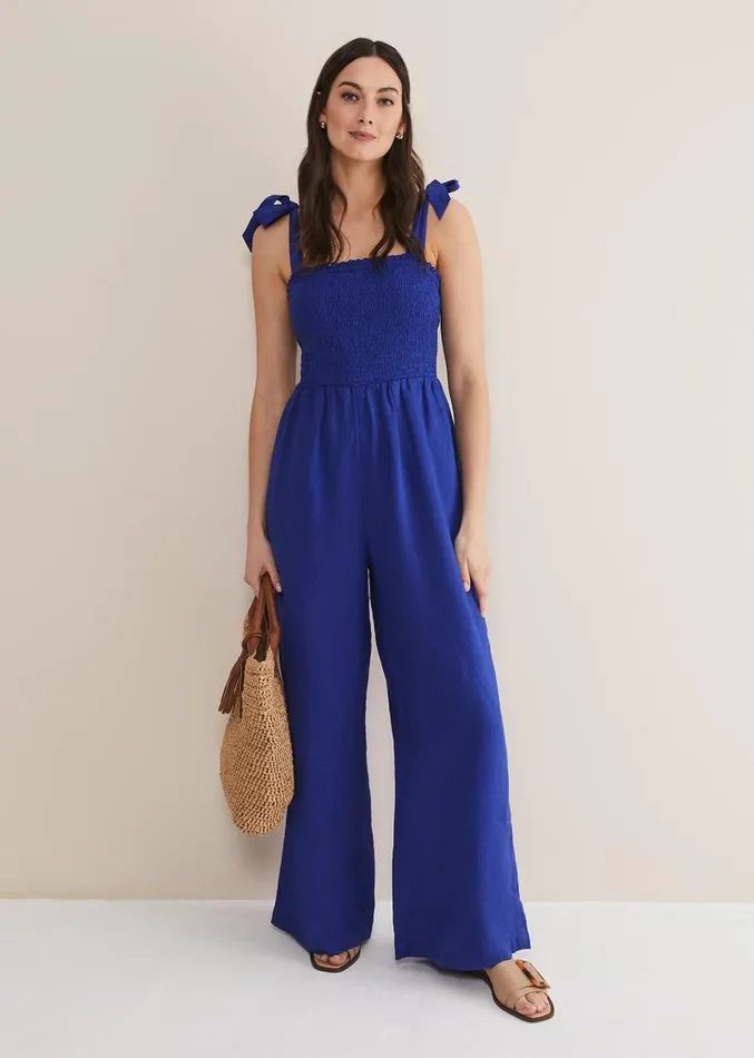 Ona Linen Shirred Wide Leg Jumpsuit Cobalt Women Phase Eight Dresses