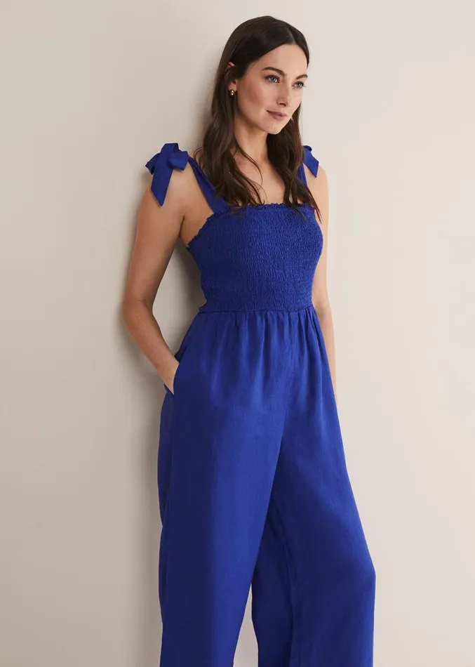 Ona Linen Shirred Wide Leg Jumpsuit Cobalt Women Phase Eight Dresses