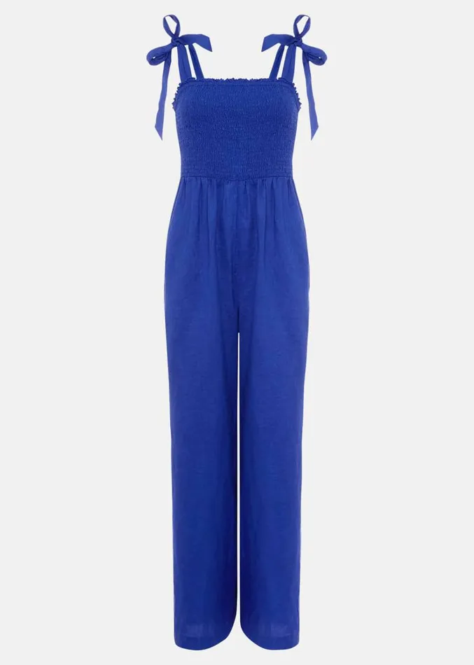 Ona Linen Shirred Wide Leg Jumpsuit Cobalt Women Phase Eight Dresses