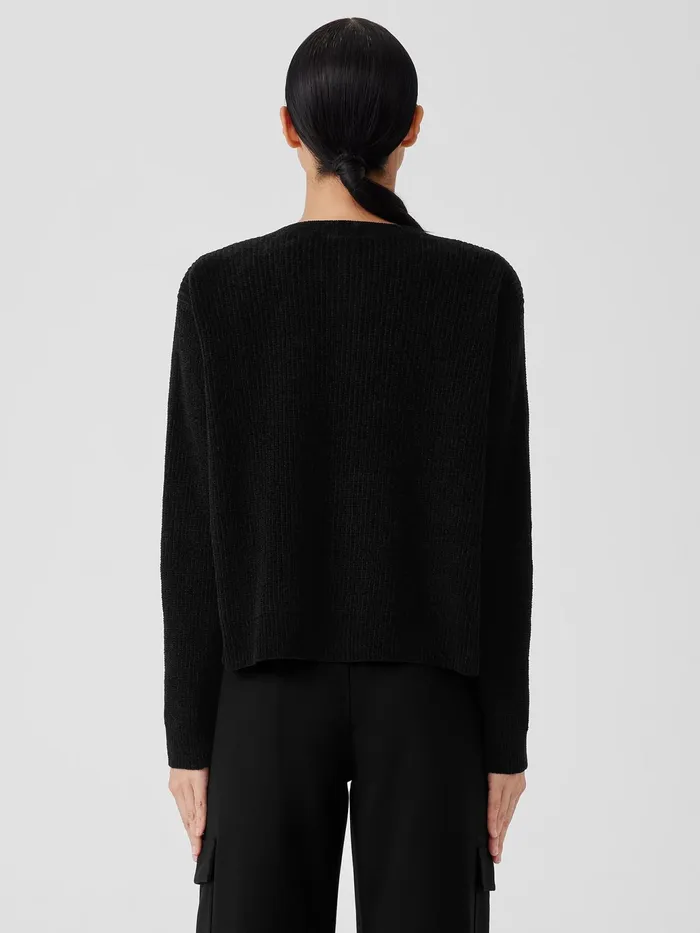 Organic Cotton Chenille Crew Neck Cardigan Black Women Eileen Fisher Sweaters and Cardigans