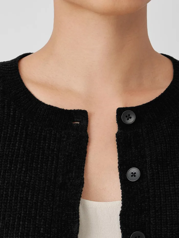 Organic Cotton Chenille Crew Neck Cardigan Black Women Eileen Fisher Sweaters and Cardigans