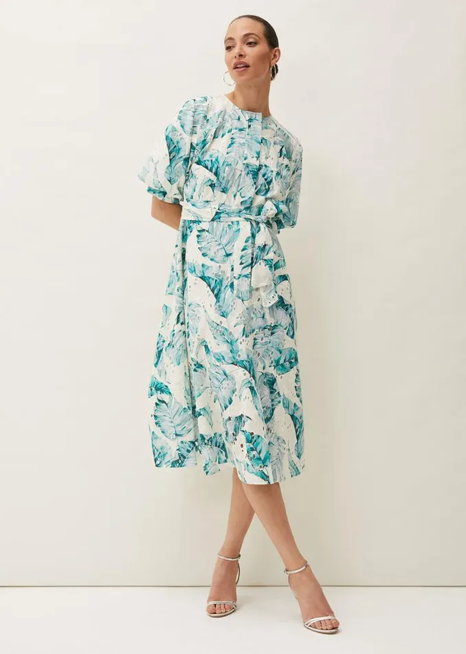 Palms Broderie Anglaise Printed Cotton Dress Aquamarineivory Women Phase Eight Dresses