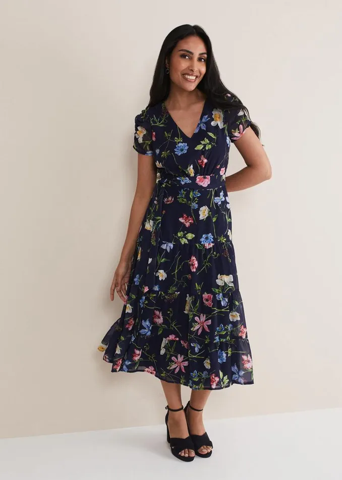 Petite Lola Floral Tiered Midi Dress Navymulti Women Phase Eight Dresses