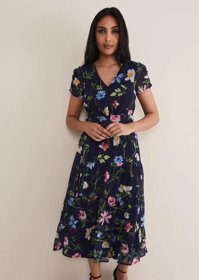 Petite Lola Floral Tiered Midi Dress Navymulti Women Phase Eight Dresses