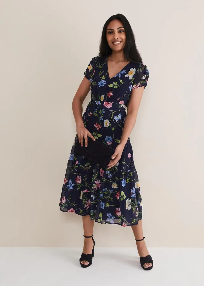 Petite Lola Floral Tiered Midi Dress Navymulti Women Phase Eight Dresses