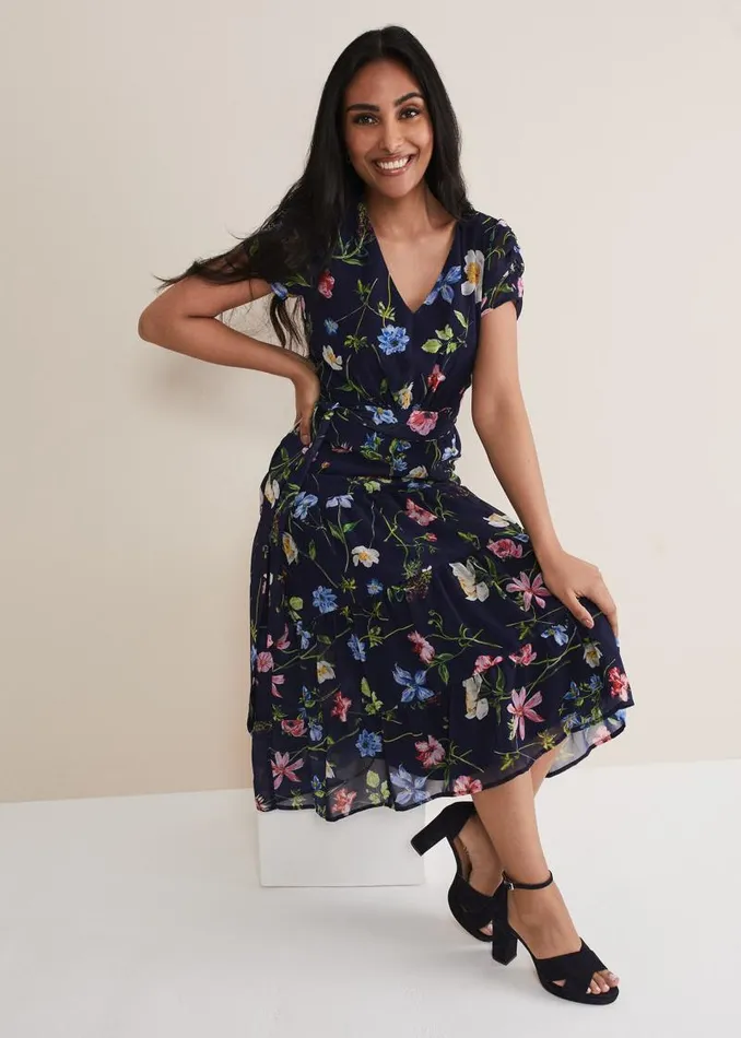 Petite Lola Floral Tiered Midi Dress Navymulti Women Phase Eight Dresses