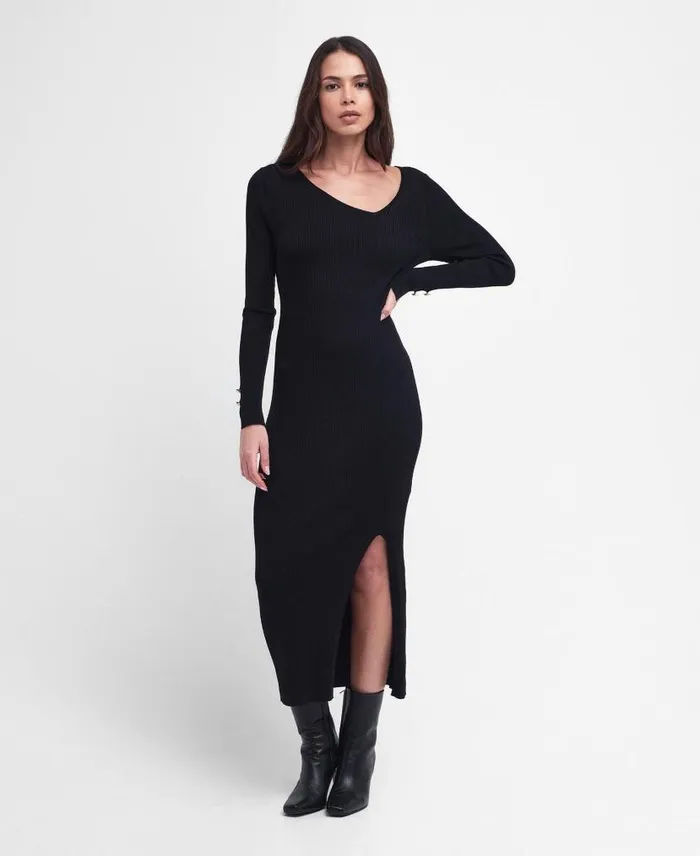 Piquet Knitted Midi Dress Classic Black Women Barbour Dresses and Skirts