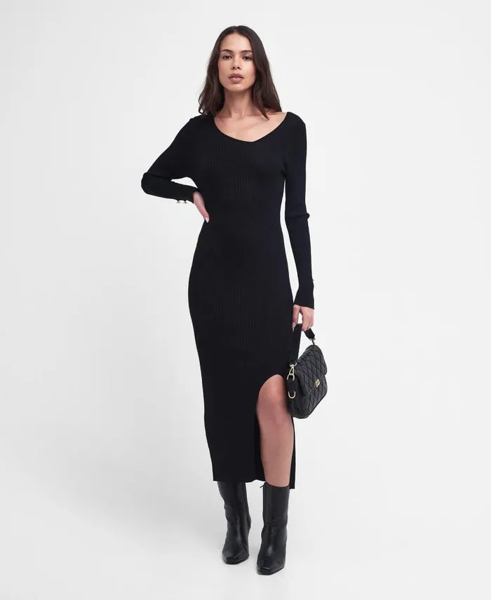 Piquet Knitted Midi Dress Classic Black Women Barbour Dresses and Skirts