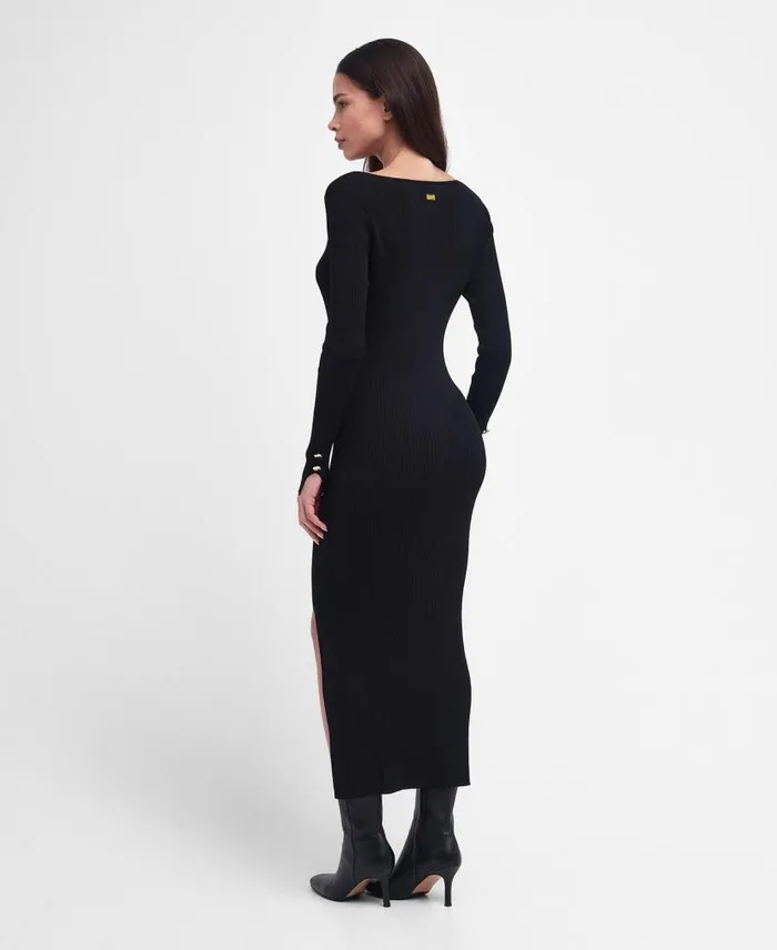 Piquet Knitted Midi Dress Classic Black Women Barbour Dresses and Skirts