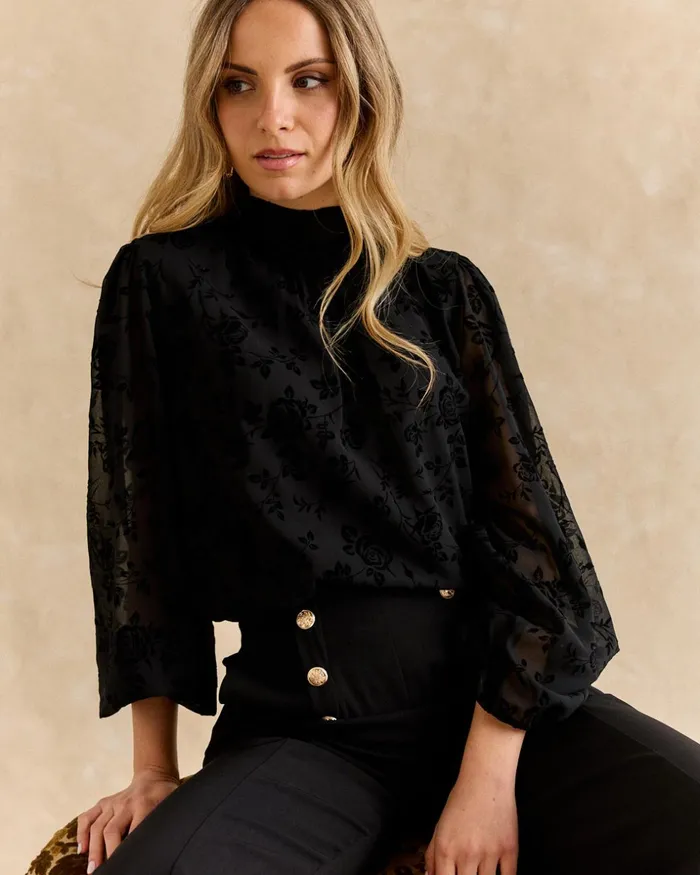 Polin Et Moi Flocked Blouse Soria Black Women Blouses And Shirts