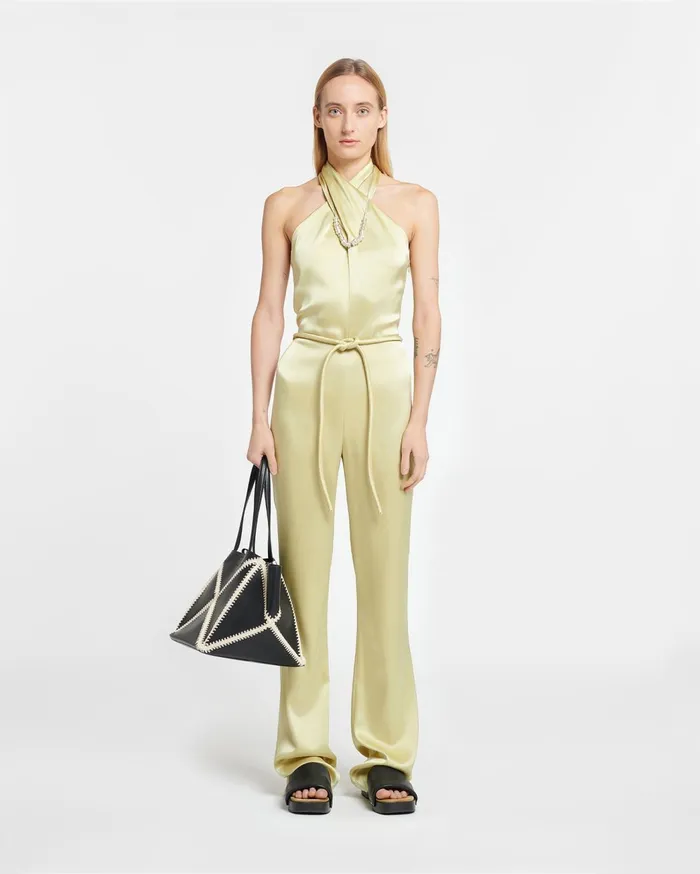 Rabia Slip Satin Jumpsuit Lime Yellow Women Nanushka Dresses