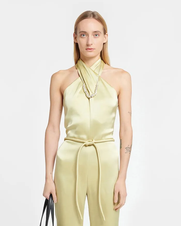 Rabia Slip Satin Jumpsuit Lime Yellow Women Nanushka Dresses