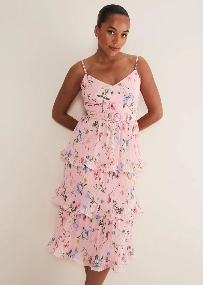 River Floral Tiered Midi Dress Pinkmulti Women Phase Eight Dresses