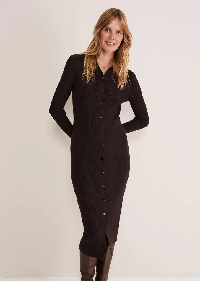 Rosa Ribbed Button Through Dress Chocolate Women Phase Eight Dresses