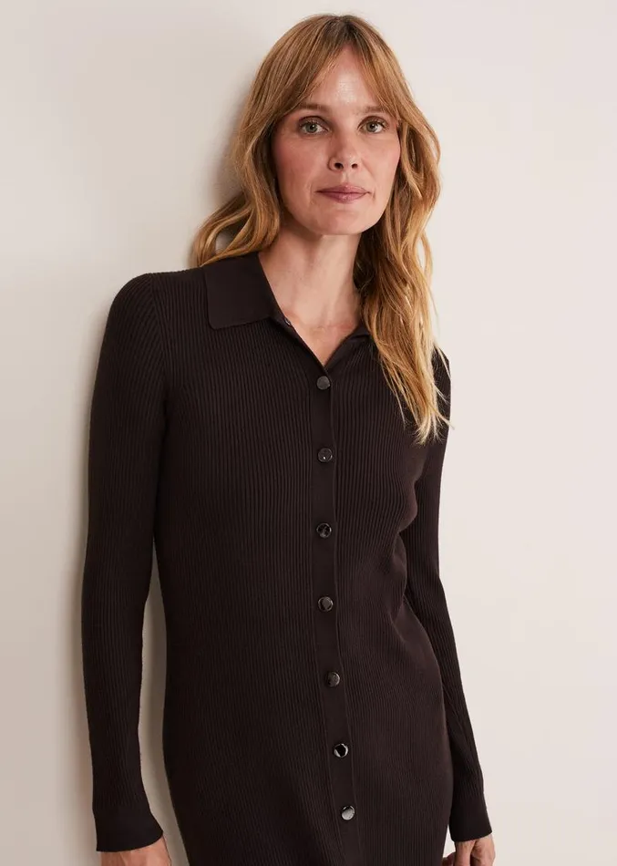 Rosa Ribbed Button Through Dress Chocolate Women Phase Eight Dresses