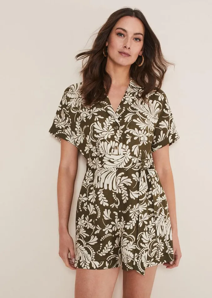 Rosalia Printed Playsuit Khaki Women Phase Eight Dresses