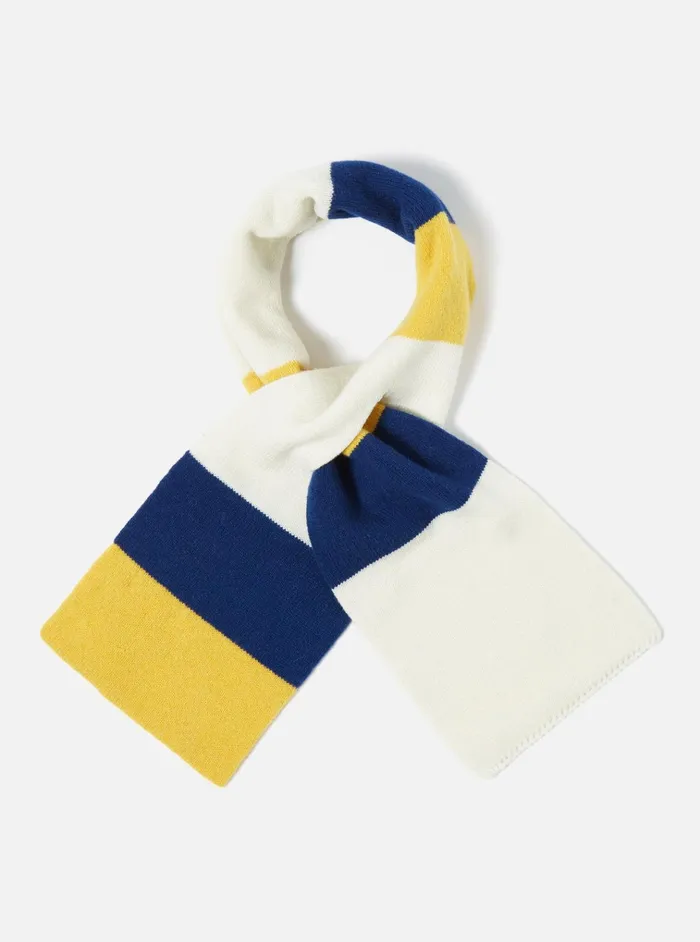 Scarves Men Universal Works Universal Works Deluxe Football Scarf In EcruYellowBlue Soft Wool